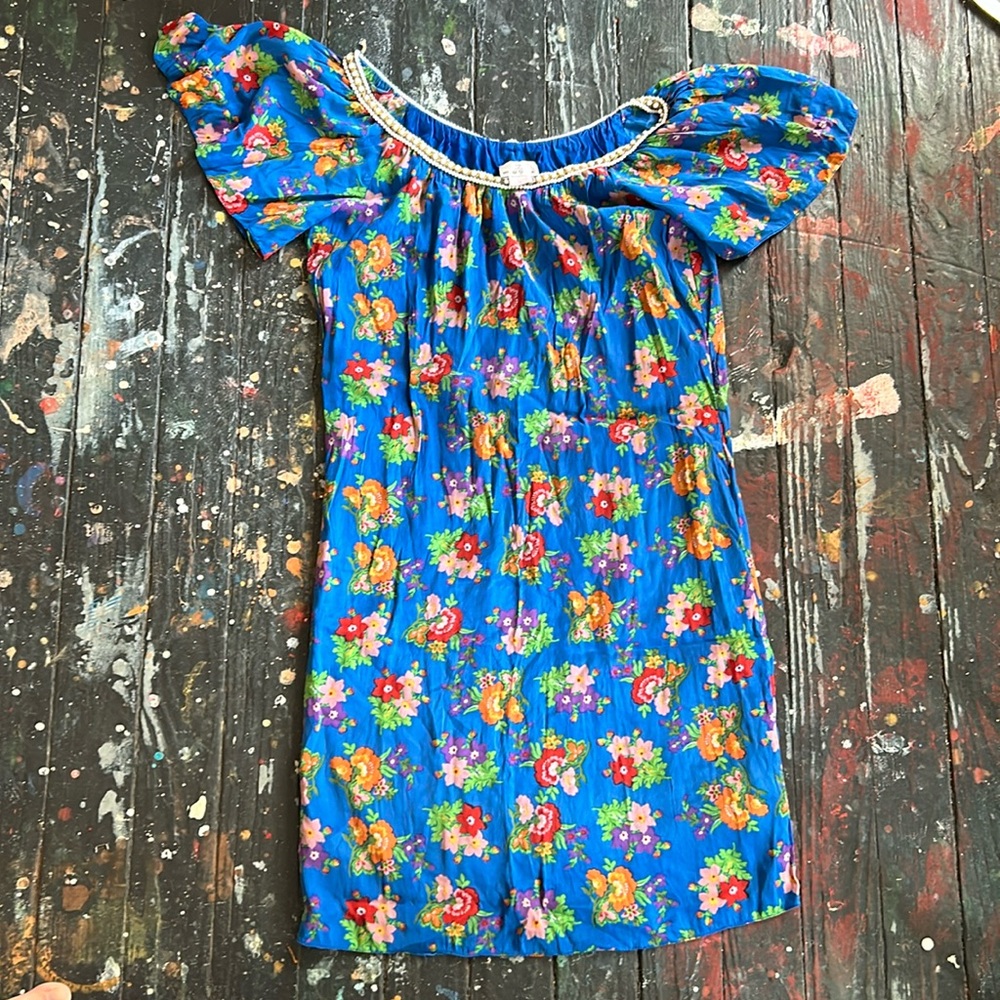 Floral blue silk dress with beaded collar
